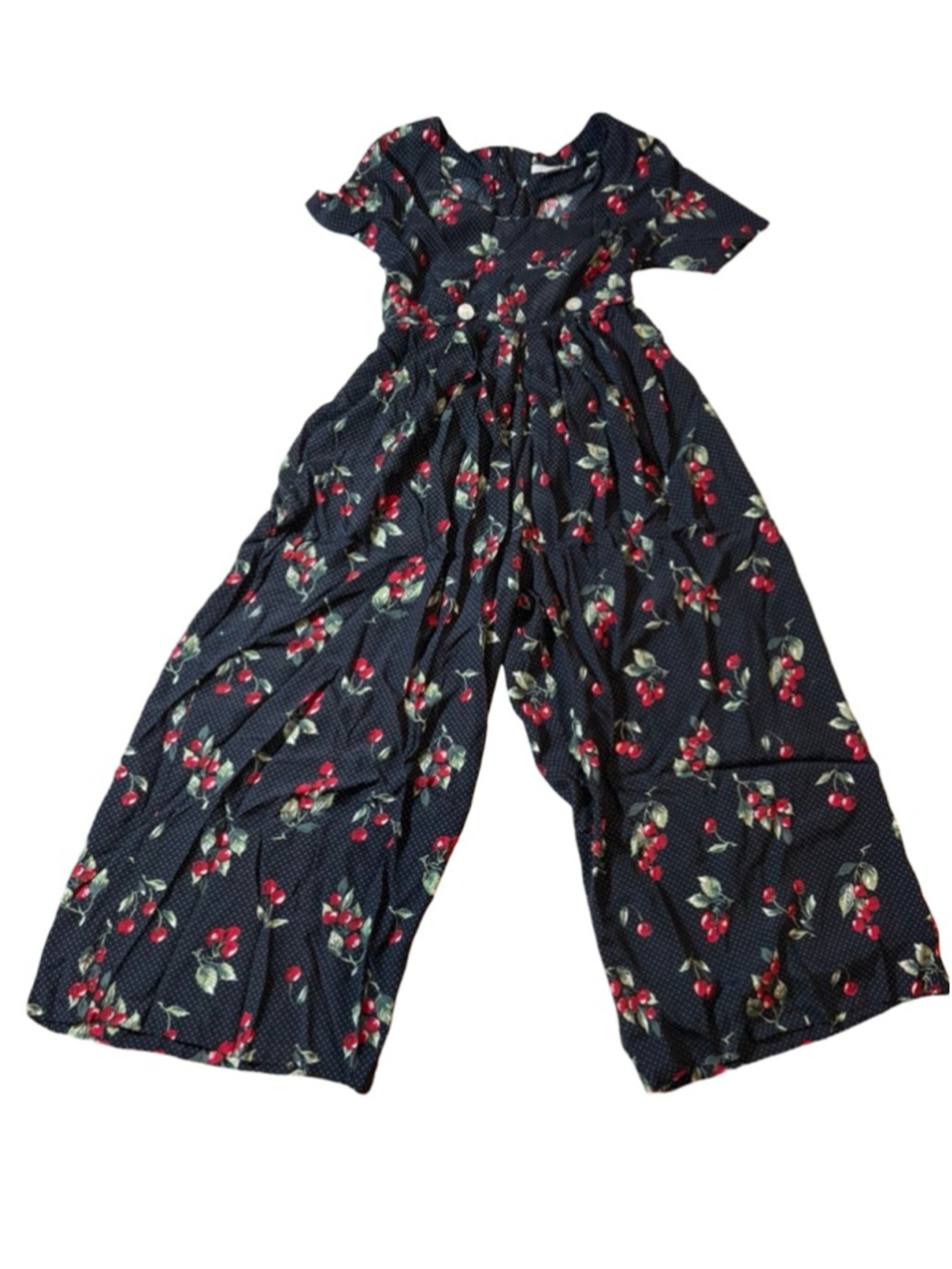 Vintage Express 90s Cherry Print Jumpsuit Black Polka Dot Wide Leg Tie Back